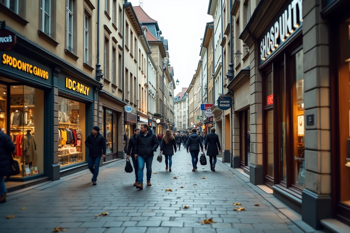 Rue commerçante piétonne de Strasbourg avec des boutiques de sport et des passants en automne