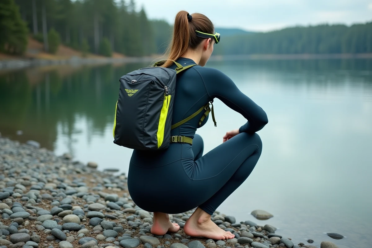 Nageuse en eau libre équipant un sac à dos lesté hydrodynamique sur une rive rocailleuse