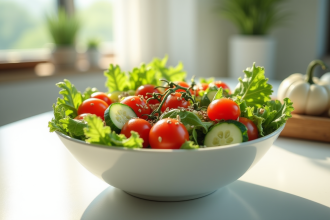 Salade fraîche dans un bol avec tomates cerises et légumes colorés
