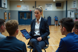 Scientifique sportive analysant la performance avec un groupe d'athletes