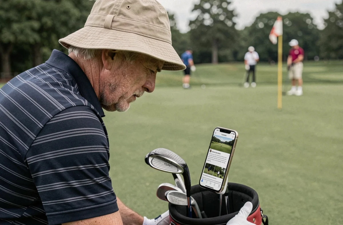 Golfeur senior consultant un blog tutoriel sur smartphone pendant une séance de putting sur green d'entraînement