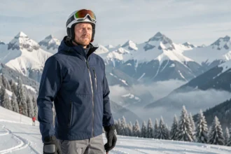 Skieur professionnel en équipement de ski haut de gamme au sommet d'une piste alpine enneigée