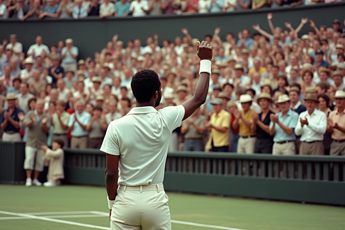 Spectateurs en délire applaudissant Arthur Ashe lors du match