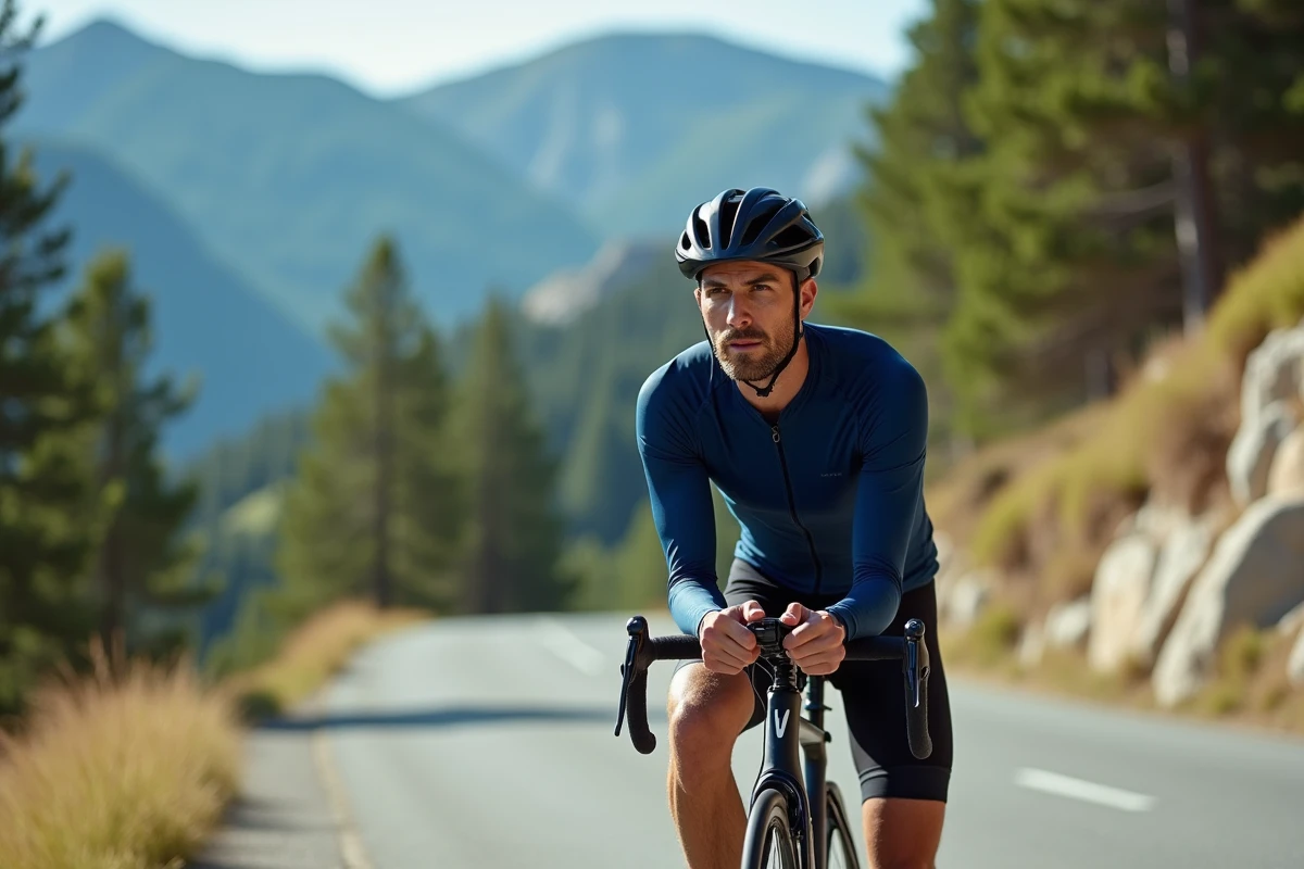 Cycliste sportif en maillot bleu marine posant avec son vélo de route sur un chemin de montagne, illustrant le thème des sportifs en D pour le jeu du petit Bac