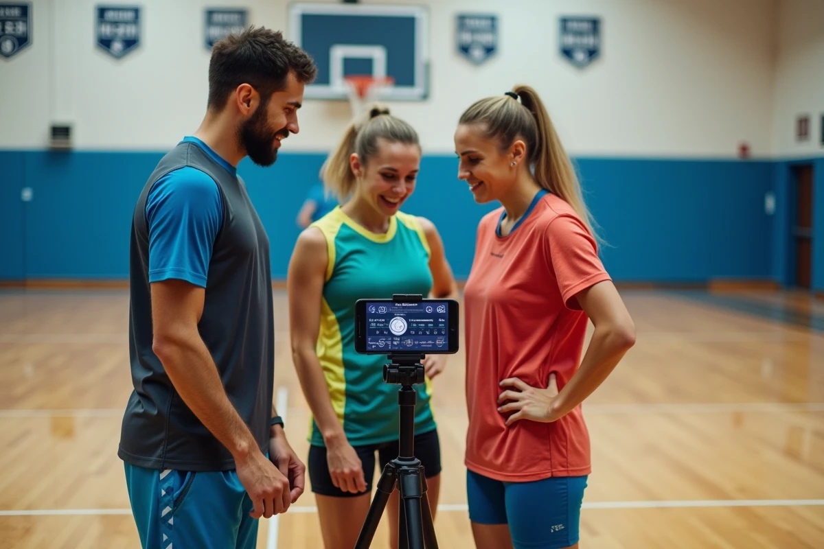 Sportifs amateurs consultant une plateforme numérique d'entraînement sur smartphone dans une salle de sport municipale