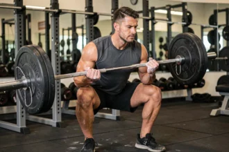 Homme effectuant un squat barre chargée en salle de musculation avec une technique contrôlée et un tempo lent
