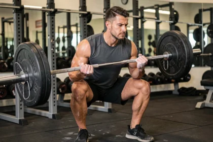Homme effectuant un squat barre chargée en salle de musculation avec une technique contrôlée et un tempo lent