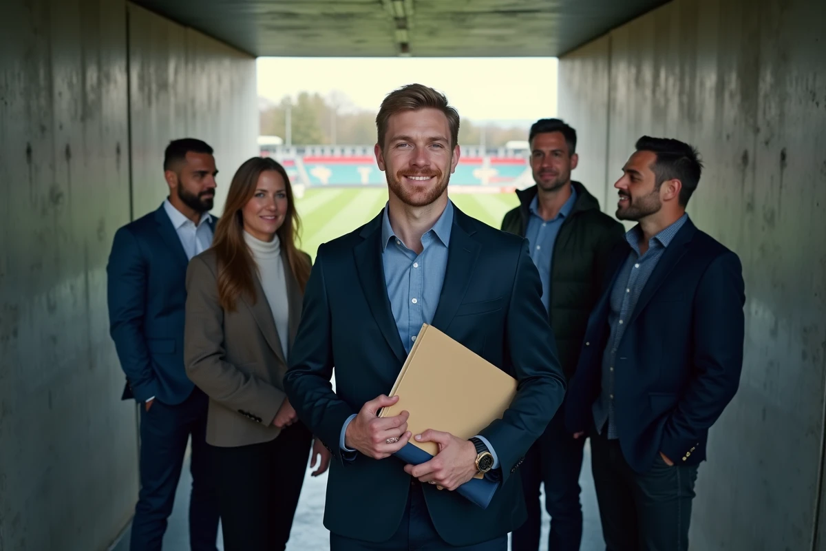 Groupe agents et joueur rugby dans tunnel stade