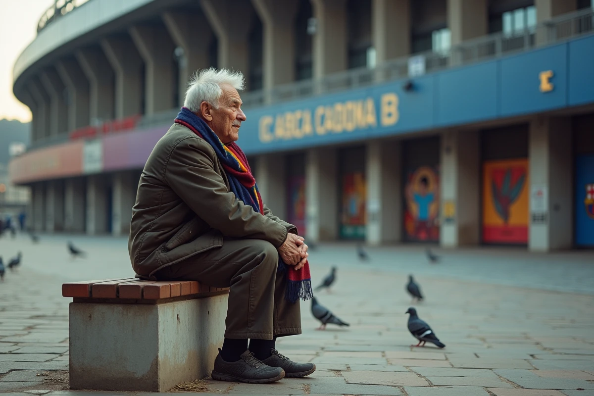 Vieil homme supporter du FC Barcelone assis devant le Camp Nou tenant son écharpe avec nostalgie