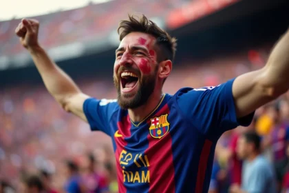 Supporter du FC Barcelone en maillot officiel célébrant dans les tribunes du stade avec émotion