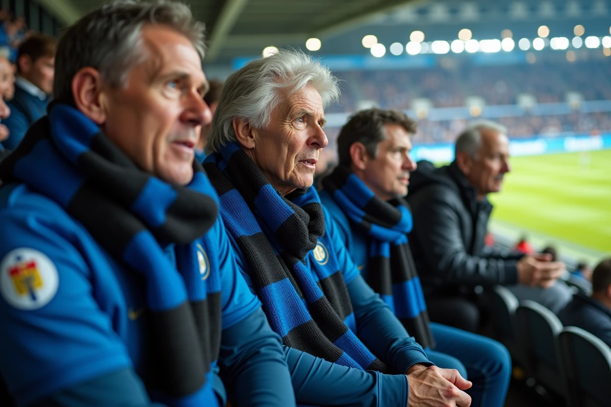 Supporters passionnés de l'Inter Milan dans les tribunes d'un stade européen suivant un match crucial de Ligue des Champions