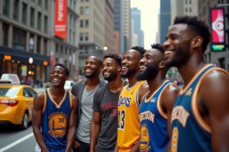 Groupe de supporters NBA devant le Madison Square Garden à New York avant un match de basket