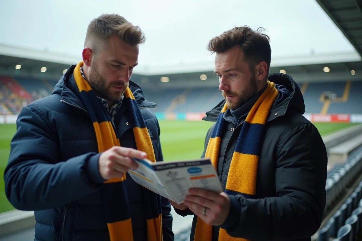Supporters de club de rugby Fédérale 2 analysant le tableau des résultats dans les tribunes d'un stade régional
