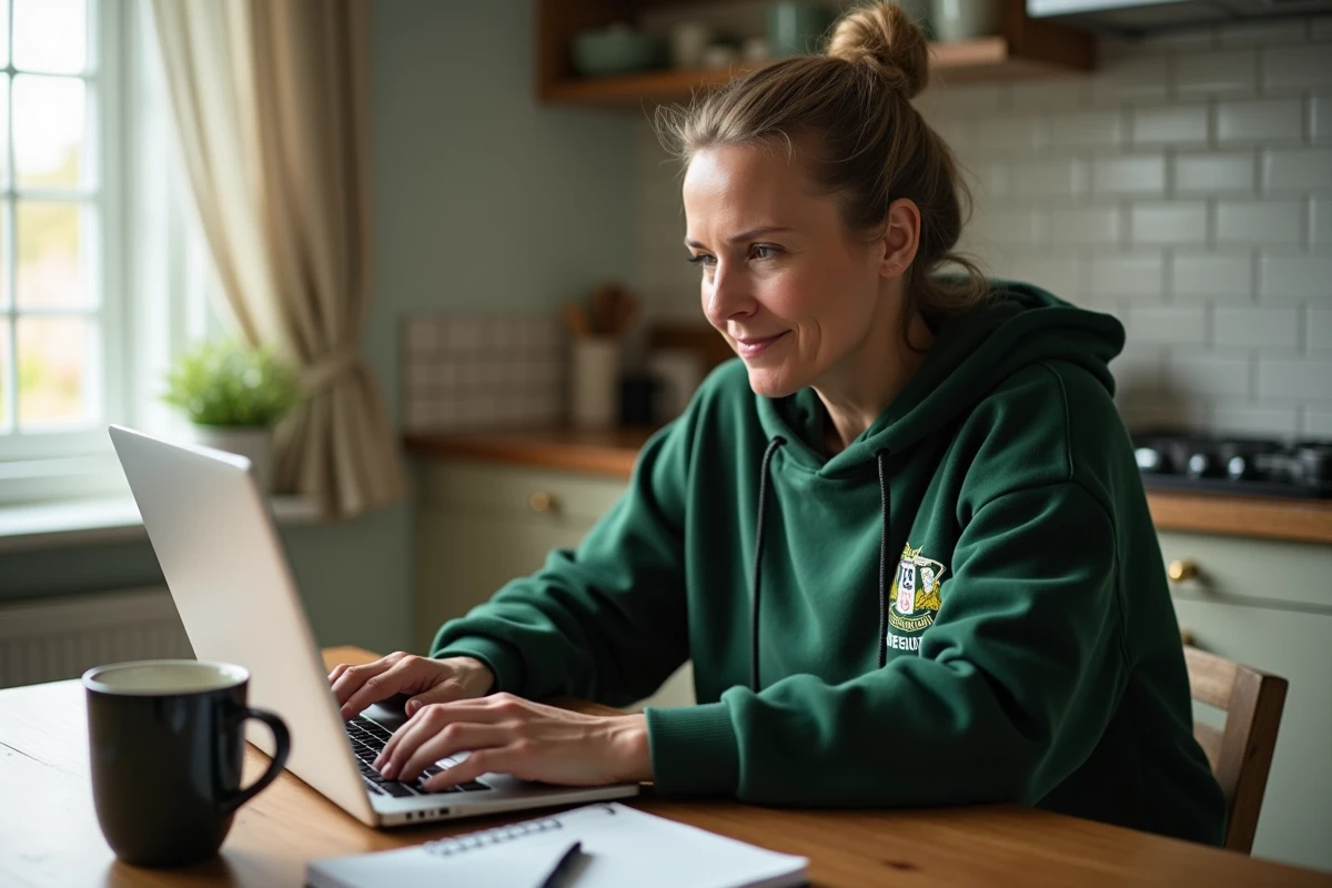 Supportrice de rugby Fédérale 2 consultant les résultats de son club en ligne sur un ordinateur portable à la maison