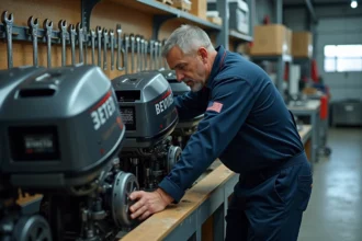 Technicien spécialisé inspectant un moteur hors-bord sur un établi dans un atelier de motonautisme professionnel