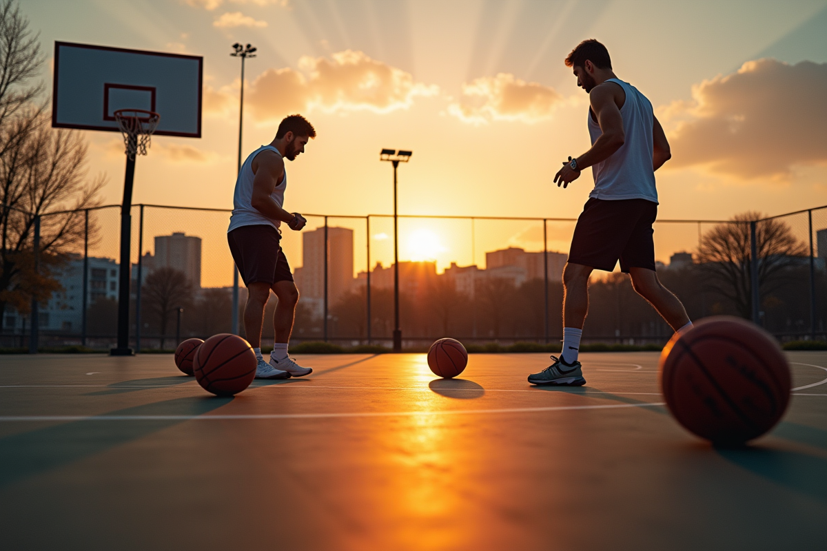 Terrain de basketball extérieur au coucher du soleil avec joueurs et ville