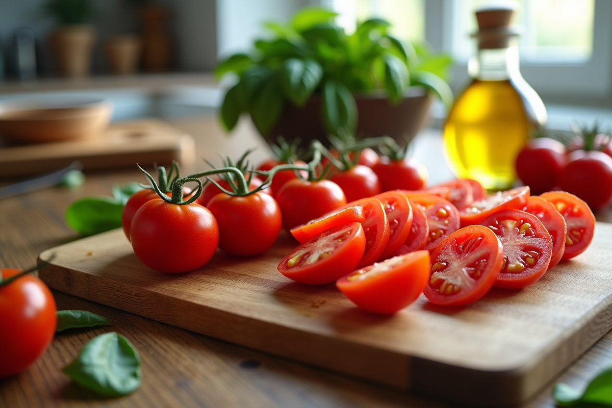 Tomates cerises tranchées sur une planche en bois dans une cuisine lumineuse