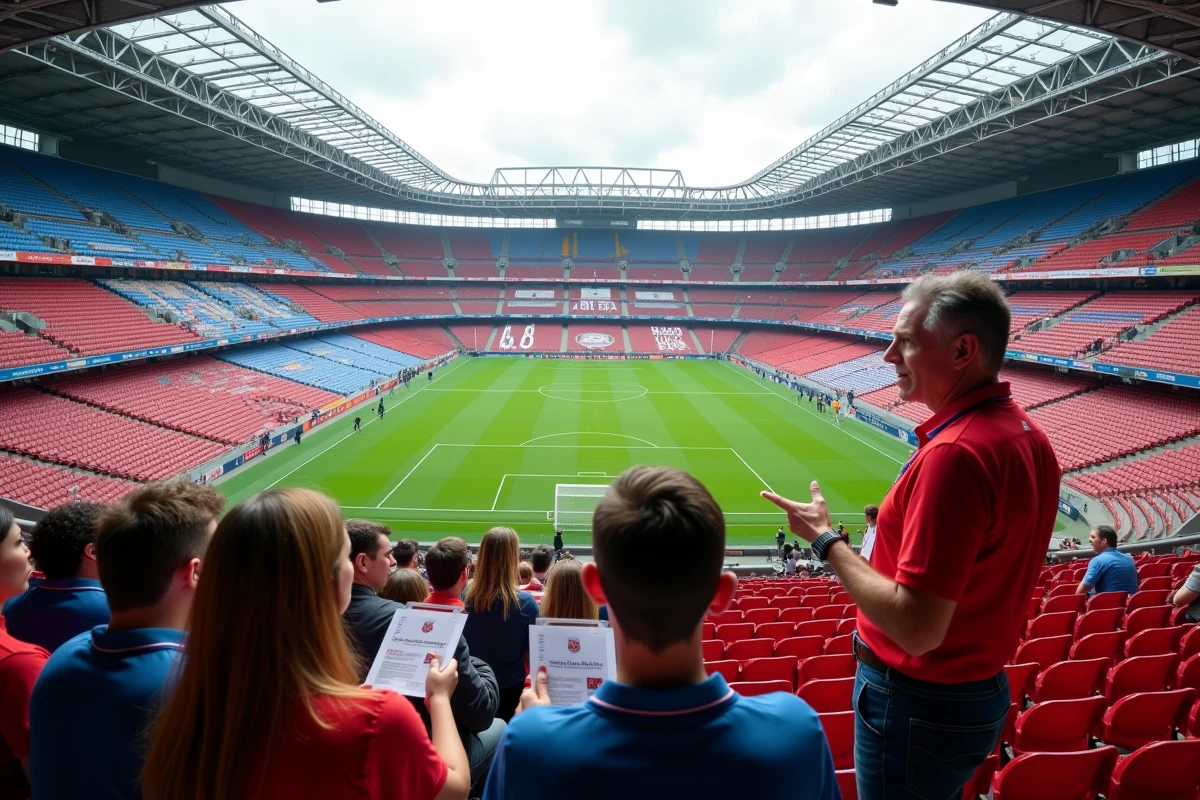 Guide et groupe de touristes en visite dans les tribunes du stade de l'Olympique Lyonnais avec vue sur la pelouse