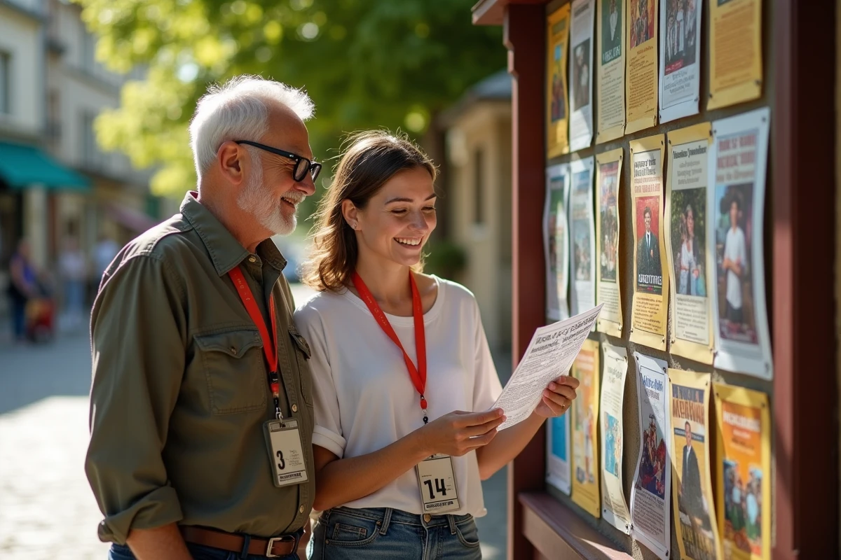 Personnes âgées et jeunes regardant des affiches d