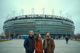 Visiteurs devant l'entrée principale du stade de Lyon lors d'une visite guidée de l'Olympique Lyonnais