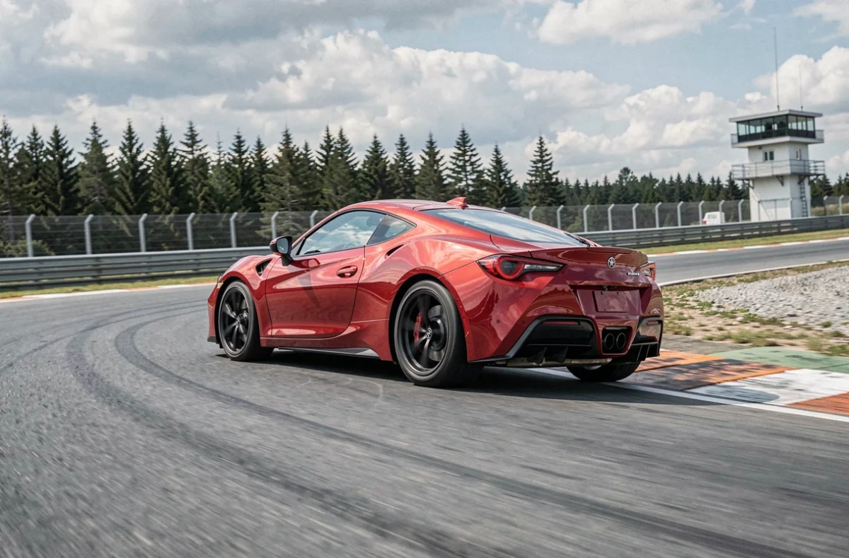 Voiture de sport rouge en pleine accélération dans un virage serré sur un circuit de stage de pilotage