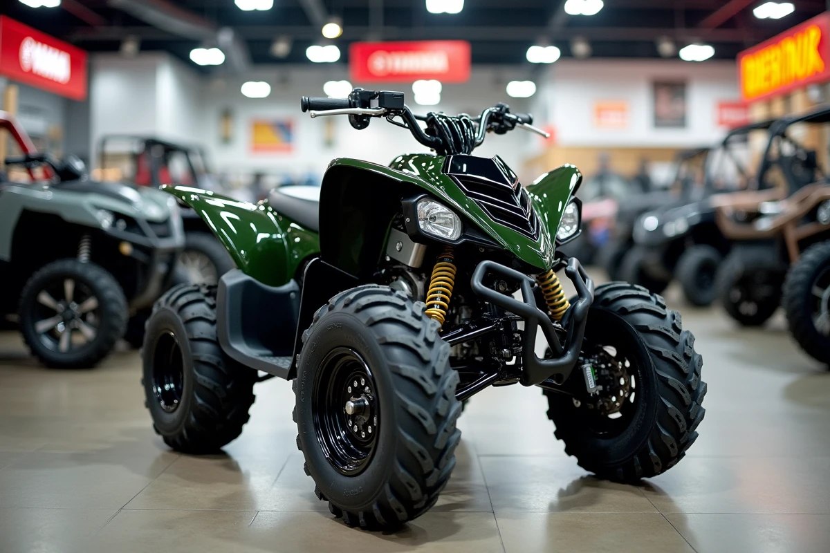 Yamaha Raptor 700 neuf exposé dans un concessionnaire officiel Yamaha avec carrosserie brillante sans défaut