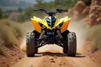 Yamaha Raptor 700 d'occasion sur un sentier poussiéreux avec traces d'usure visibles sur la carrosserie jaune et noire